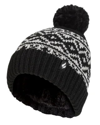 Ladies Patterned Turnover Bobble Hat | Heat Holders | Chunky Cable Knit with Heatweaver Fleece Lining | Billingen Style - Black