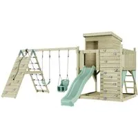 OutdoorToys Spielturm Frida, aus Holz in Mintgrün mit Babyschaukel & Rutsche, Kletterwand