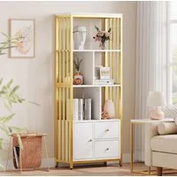 GarveeMore Bücherregal gold mit 2 Schubladen,Modernes Bücherregal,Metallrahmen, große Lagerregal,Bücherregal für Schlafzimmer,Wohnzimmer,Home Office