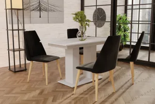 Essgruppe Weiss matt-Tisch mit 4 Schwarz CAROS Stühlen für Esszimmer oder Küche