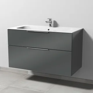 Sanipa 3way Keramik-Set Finion Keramik-Waschtisch und Unterbau mit 2 Auszügen, Anthrazit-Glanz UF40179