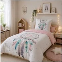 Familando Bettwäsche Dreamcatcher Traumfänger 135x200 80x80cm 100% Baumwolle Reißveschluss, Renforcé, 2 teilig, für Kinder und Erwachsene im Bohemian Boho Style Rosa