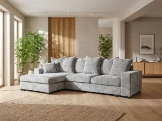 Ecksofa mit Schlaffunktion BENICIO Sofa in Stoff Flow Hellgrau Ottomane Links