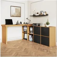 Flieks Schreibtisch 360° drehbar Bürotisch mit 4 Schubladen und 4 Fächern (Tischlänge 120xT48xH78 cm/Schranklänge 140xT35 cm, 2-St., 1 Tisch schwenkbar), Computertisch Eckschreibtisch L-förmiger Arbeitstisch mit Kommode