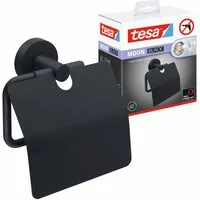 tesa Toilettenpapierhalter 1 x MOON BLACK WC-Papierrollenhalter mit Deckel (Komplett-Set, 2-St., inkl. Klebelösung), schwarz matt - 5,3 cm : 14 cm : 12,8 cm
