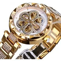 Rötting Design Automatikuhr Damenuhr Marke Forsining Rhinestone Besatz goldfarbenes Design, weißes Ziffernblatt, Armbandumfang 16 bis 20 cm wählbar