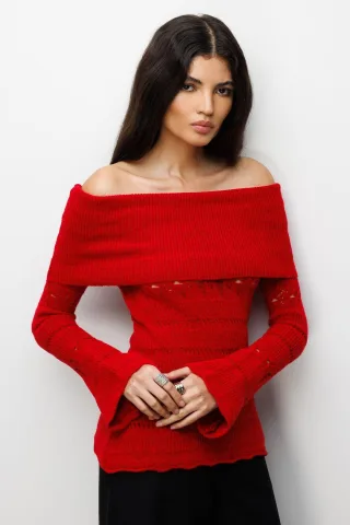 Off-Shoulder Strukturierter Rippstrickpullover mit Ausschnittdetails