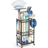 HEYHIPPO Gartengerätehalter Gartengeräte-Organizer,Schuppenregal,Metall-Werkzeugständer mit Haken, (bis 31 Zoll, Aufbewahrung von Gartengeräten, mobiler Werkzeugwagen für die Garage, Vielseitiger, stabiler dreistufiger Besenständer mit Schwenkrädern)