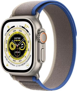 Apple Watch Ultra [GPS + Cellular inkl. Nylon Trail Loop M/L blau/grau] Titangehäuse silber