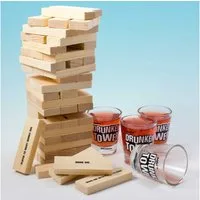 Goods+Gadgets Spiel Tippy Tower – Holz Stapelturm Spiel mit Aufgaben für 1-4 Spieler, Stapelspiel Saufspiel Klotzspiel, 4 Gläsern