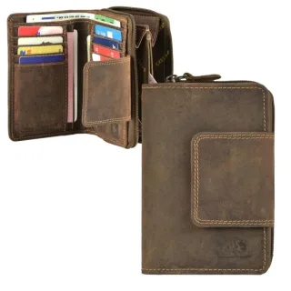 Riegelbörse Leder antikbraun Hochformat | Greenburry Vintage Geldbörse mit 8 Kartenfächern. Klassisches Portemonnaie mit sicherem Druckknopf-Riegel.