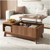 REDOM Couchtisch 95x50x48 cm mit Hubfunktion in Nussbaum (Packung, 1-St., Offenes Seitenfach für zusätzlichen Stauraum, Wellenoptik), Offenes Seitenfach für zusätzlichen Stauraum, MDF-Material