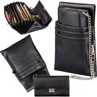 EAAKIE Kellnerbörse Kellnergeldbörse Kunstleder Schwarz Kellnerholster Kette Taxibörse, 7 Geldscheinfächer, inkl. abnehmbarer Kette und Kellnerholster