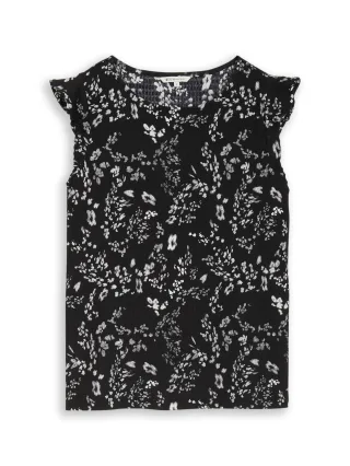 Denim Tom Tailor - Loose Fit Crinkle Top mit Volants black white flower print - Gr. - L