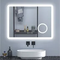 Aica Sanitär Badspiegel Wandspiegel Badezimmerspiegel mit LED Dimmbar+Beschlagfrei+Uhr+3x Lupe