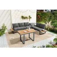 KLAM HOME Gartenlounge-Set Garten-Essgruppe Eck-Set mit 5‑stufiger Neigefunktion bis 55°, (Verzinktes Stahlrohr & Kunststoff-Holz Tischplatte, grau+schwarz), Wetterfestes Lounge‑Set für Garten & Terrasse