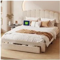 ADWOLT Polsterbett Doppelbett Stauraumbett mit USB+TYPE-C (Packung, 1-tlg., Jugendbett), 160x200 cm,Gepolstert,Schublade am Ende des Bettes,Plüschstoff-Beige