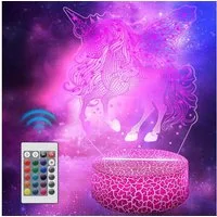 LA CUTE LED Nachtlicht Einhorn LED Nachtlicht Kinder mit 3D-Effekt & Fernbedienung, 3D Einhorn Lampe mit 16 Farben und Fernbedienung
