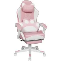Puluomis Gaming-Stuhl Bürostuhl Ergonomisch mit Katzenpfote Lendenkissen und Katzenohren (Gamer Stuhl, Racing Computerstuhl PC Stuhl mit Fußstütze Kopfstütze), für Mädchen, Teenager, Kinder, Pink
