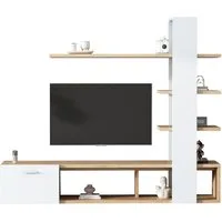 Merax Wohnwand mit TV Schrank, Lowboard und Wandregalen, (1-St), Wohnzimmer Möbel Set in Eiche Weiß Optik, 180x33,5x151,5 cm