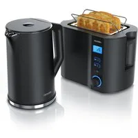 Arendo Frühstücks-Set Edelstahl Wasserkocher 1,5l, 2-Scheiben Kurzschlitz Toaster, schwarz (2-tlg), Wasserkocher mit Temperatureinstellung, 2200W, Toaster Brötchenaufsatz