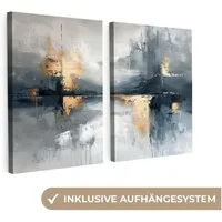 MuchoWow Leinwandbild Abstrakt - Grau - Gold - Modern, Fotodruck (2 St), Wand Bilder 2 Set, Deko Schlafzimmer Wohnzimmer Flur 60x40 cm