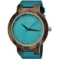 Holzwerk Quarzuhr KAHLA große Damen Leder & Holz Armband Uhr, türkis blau, braun KAHLA