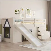 Merax Hochbett mit Rutsche und Stauraum (213 x 95 x 107cm, 1-St., Jugendbett Einzelbett Hausbett) Kieferholz Kinderbett 90x200cm mit Schubladen, Leiter und Lattenrost