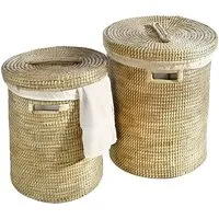 Dekoleidenschaft Wäschekorb aus Seegras mit Deckel, Wäschesammler mit Textileinlage, in 2 Größen, Wäschetonne Wäschebox Aufbewahrungskorb Wäschebehälter Laundry Basket