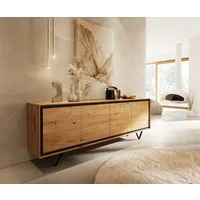 DELIFE Sideboard Stonegrace, Eiche Natur 200 cm 4 Türen Steinfurnier V-Fuß Metall Schwarz Sideboard