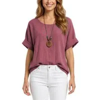 dy_mode Kurzarmbluse Damen Kurzarm Bluse Leichte Sommer Tunika Baumwollbluse Oberteil in Unifarbe, mit passende Kette