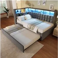OKWISH Polsterbett Leinen-Ausziehbett 90/180x200 cm mit LED, Bluetooth und Stauraum. (Funktionsbett, 1-tlg., L-Kopfteil mit Stauraumregal, Schlafsofa/Gästebett), mit LED-Beleuchtung & USB/Type-C Ladestation