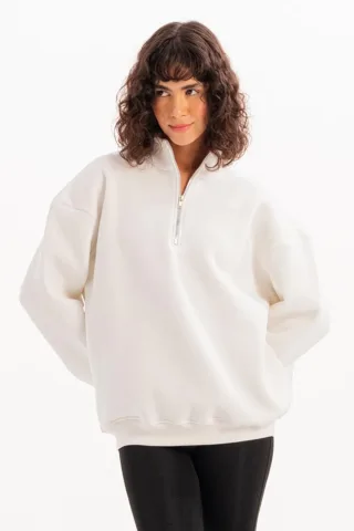 JUSTEVER Oversize Fit Stehkragen Halbreißverschluss Raised Ecru Damen-Sweatshirt - Cass