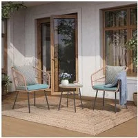 Sunsitt Bistrostuhl Outdoor 3-tlg Bistro Set (Wetterfeste Rattan Gartensofa Set mit 2 Stühle und Beistelltisch), für Veranda, Garten, Balkon, Turquoise(Kissen)