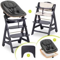 Hauck Hochstuhl Beta Plus Newborn Set - Eco - Dark Grey, Holz Babyhochstuhl ab Geburt mit Neugeborenensufsatz & Sitzkissen