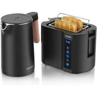 Arendo Frühstücks-Set Edelstahl Wasserkocher 1,5l, 2-Scheiben Kurzschlitz Toaster, schwarz (2-tlg), Wasserkocher mit Temperatureinstellung, Toaster Brötchenaufsatz, Touch