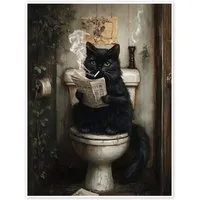 Posterlounge Wandbild Rauchende Katze liest Zeitung auf Toilette, Olga Telnova, erhältlich als Poster, Leinwandbild, Wandsticker oder Acrylglasbild