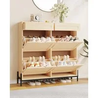 GarveeMore Schuhschrank Rattan mit 4 Klappen,Schmal Schuhkipper,100x23.5x100cm Schuhkommode 4 Flip Tür mit 8 Ablageflächen für Eingang,Flur