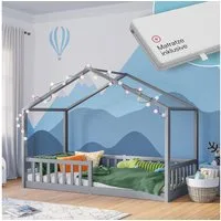Bellabino Hausbett Kinderbett Bia mit Lattenrost (hellgrau, mit Matratze), Bodenbett mit Rausfallschutz, verfügbar in 80x160 & 90/120/140x200 cm