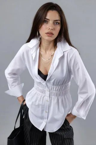 Langarm-Button-Up-Popelinehemd mit Raffung