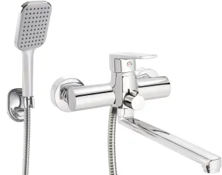 Neuesbad Serie 100 Wand-Waschtischarmatur mit langem Auslauf, Schlauchanschluss und Brauseset, Chrom NB1DEBUT057M1