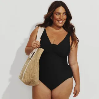 Shape-Badeanzug mit V-Ausschnitt SLENDER in D-Cup, Damen,  Schwarz, Elasthan/Nylon-Mischung, by Lands' End