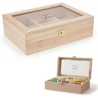 LS-LebenStil Teebox Holz Aufbewahrungsbox Teebox 6 Fächer mit Deckel für Teebeutel, Bambus, (Nachhaltige Teekiste Holzkiste Slogan Tea, 1-tlg., mit durchsichtigem Glas-Deckel Organizer Aufbewahrung für Tee)