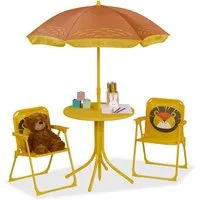 relaxdays Garten-Kindersitzgruppe Camping Kindersitzgruppe mit Schirm, (4-tlg), Löwe