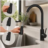 HOMELIVE Spültischarmatur Hochdruck Wasserhahn Küche 360° Küchenarmatur mit Ausziehbarer Edelstahl Küchenarmatur ausziehbar mit 2 Strahlarten,Schwarz