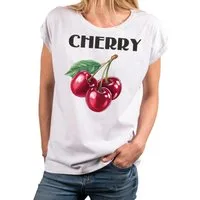 MAKAYA Kurzarmshirt Damen Sommer Shirt mit Aufdruck Kirschen Luftig Elegant Sportlich (Weiß, Rosa, Grau, Grün, 34, 36, 38, 40, 42, 44, 46, 48, 50) große Größen