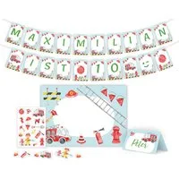 JUNAPACK Papierdekoration Party Set Deko Girlande Konfetti Tischset Kinder Geburtstag Feuerwehr, Party Set mit Girlande, Konfetti und Tischsets Feuerwehr