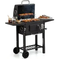 kehot Holzkohlegrill Holzkohlegrill Grillwagen mit Deckel und Grillfläche 45,5x30 cm, BBQ Grillwagen mit 2 Seitenablagen und Ablagegitter unten, Mobiler Holzkohlegrill auf Rollen für Garten Balkon und Camping, Stabiler Outdoor Grill aus lackiertem St
