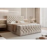 Goldstoff Boxspringbett TAURIEL mit Federkernmatratze & Topper, zwei Bettkästen (von 120 bis 200x200 cm), modernes Doppelbett aus Velvet Stoff mit edlem Kopfteil