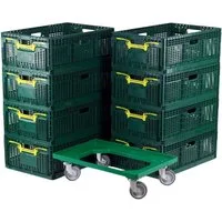 Logiplast Klappbox 8 x Klappboxen in grün + ein Transportroller in grün, 46 l, Lebensmittelunbedenklich (Klappbox), faltbar, übereinander stapelbar